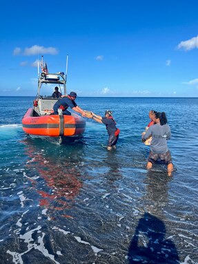 The USCGC Myrtle Hazard (WPC 1139) delivers the mayor of the Northern Mariana Islands and staff to Agrihan Island on Oct. 22, 2023. The crew completed a multifaceted patrol from Oct. 16 to Nov. 5, 2023, underscoring the U.S. Coast Guard's unwavering commitment to the community and partners in the Commonwealth of the Northern Mariana Islands (CNMI). During this period, the cutter's crew achieved several key objectives, including delivering vital donations and supplies and facilitating critical wellness checks in the wake of Typhoon Bolaven. (U.S. Coast Guard photo)