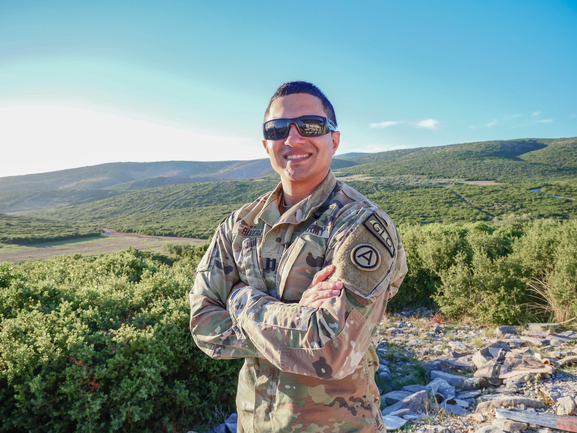 U.S. Army Capt. Luis Antonio Rivera, 9th Expeditionary Bomb Squadron ground liaison officer, poses for a photo during a joint exercise. The GLO is responsible for facilitating communication between ground units and air support. (U.S. Air Force photo by Capt. Jaclyn Sumayao)