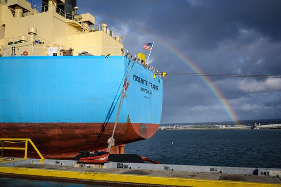 Merchant tanker Yosemite Trader awaits to receive the eighth transfer of fuel from the Red Hill Bulk Fuel Storage (RHBFSF) at Joint Base Pearl Harbor-Hickam, Hawaii, Nov. 16, 2023.
