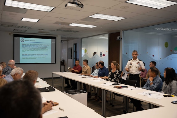 Joint Task Force Red-Hill (JTF-RH) Strategic Engagement Director, U.S. Army Brig. Gen. Lance Okamura, provides a defueling update to the Military Affairs Council of the Hawaii Chamber of Commerce, in Honolulu, Hawaii, Nov. 17, 2023.