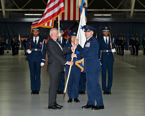 Secretary of the Air Force Frank Kendall and Air Force Chief of Staff Gen. David W. Allvin pose with the CSAF positional flag during Allvin’s welcome ceremony at Joint Base Andrews, Md., Nov. 17, 2023. Allvin was officially sworn in as the 23rd Air Force chief of staff on Nov. 2, 2023, at the U.S. Air Force Academy in Colorado Springs, Colo. (U.S. Air Force photo by Eric Dietrich)