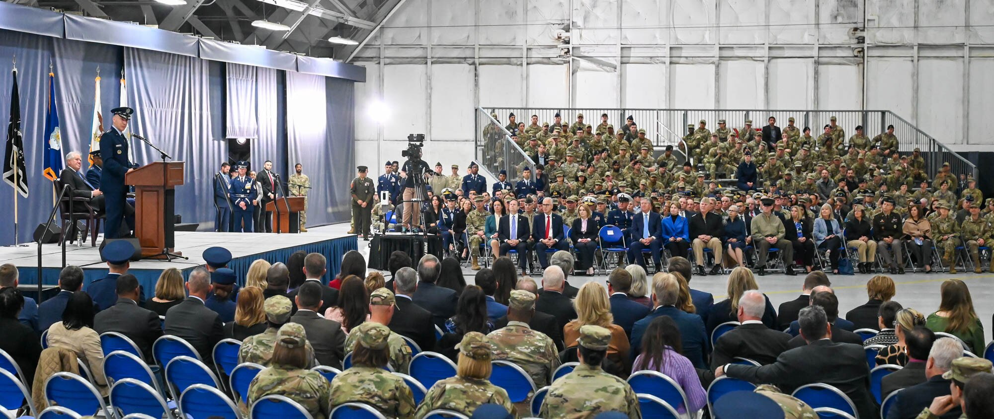Air Force Chief of Staff Gen. David W. Allvin speaks to the audience during his welcome ceremony at Joint Base Andrews, Md., Nov. 17, 2023. Allvin was officially sworn in as the 23rd Air Force chief of staff on Nov. 2 at the U.S. Air Force Academy in Colorado Springs, Colo. (U.S. Air Force photo by SSgt. Stuart Bright)