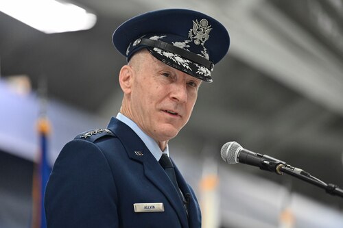 Air Force Chief of Staff Gen. David W. Allvin speaks during his welcome ceremony at Joint Base Andrews, Md., Nov. 17, 2023. Allvin was officially sworn in as the 23rd Air Force chief of staff on Nov. 2, 2023, at the U.S. Air Force Academy in Colorado Springs, Colo. (U.S. Air Force photo by Eric Dietrich)