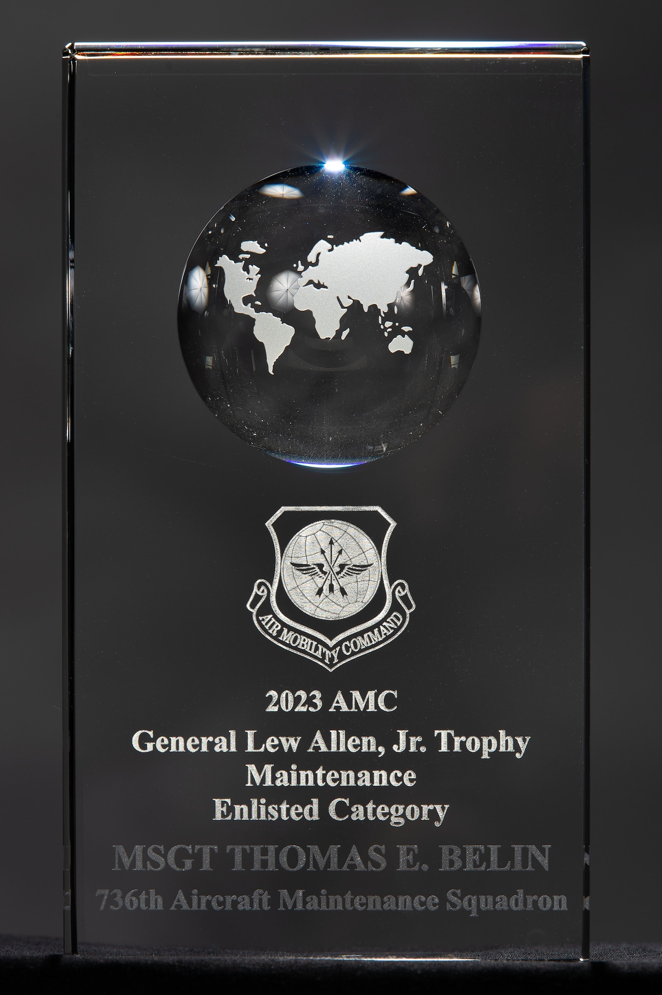 Master Sgt. Thomas Belin, 736th Aircraft Maintenance Squadron production superintendent, was presented the 2023 Air Mobility Command Gen. Lew Allen Jr. Trophy during the 436th Mission Generation Group’s 3rd quarter awards ceremony at Dover Air Force Base, Delaware, Oct. 13, 2023. Named after the 10th Chief of Staff of the Air Force, the trophy is an AMC-level annual award that recognizes the accomplishments of officers and senior noncommissioned officers in the aircraft maintenance or munitions career fields, directly involved in sortie generation. (U.S. Air Force photo by Roland Balik)