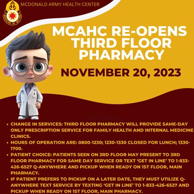 McDonald Army Health Center’s Third Floor Pharmacy has reopened, now providing exclusive same-day prescription services for Family Health and Internal Medicine clinics. This upgrade aims to streamline healthcare by offering efficient and timely medication support within the facility, enhancing the overall patient experience.