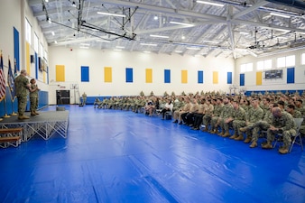 U.S. NAVAL BASE GUAM (Nov. 20, 2023) – Chief of Naval Operations Adm. Lisa Franchetti and Master Chief Petty Officer of the Navy James Honea hold an all-hands call with Sailors while visiting Naval Base Guam, Nov. 20. Franchetti and Honea visited Naval Base Guam to engage with Sailors and Navy leadership to highlight Franchetti's priority of strengthening the Navy team. (U.S. Navy photo by Chief Mass Communication Specialist Amanda R. Gray)