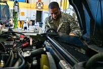Dozens of wheeled vehicle mechanics (91B) keep tactical vehicles operational at the District of Columbia National Guard’s Combined Support Maintenance Shop at Joint Base Anacostia-Bolling (JBAB), Oct. 21, 2023. Four maintenance shops ensure mechanics are technically sound in maintenance and recovery to fulfill mission requirements. Vehicles include Medium Tactical Vehicles (MTV), Light Medium Tactical Vehicles (LMTV), High Mobility Multipurpose Wheeled Vehicles (HMMWV), and Mine Resistant Ambush Protected All-Terrain Vehicles (M-ATV). (U.S. Air National Guard photo by Master Sgt. Arthur Wright)