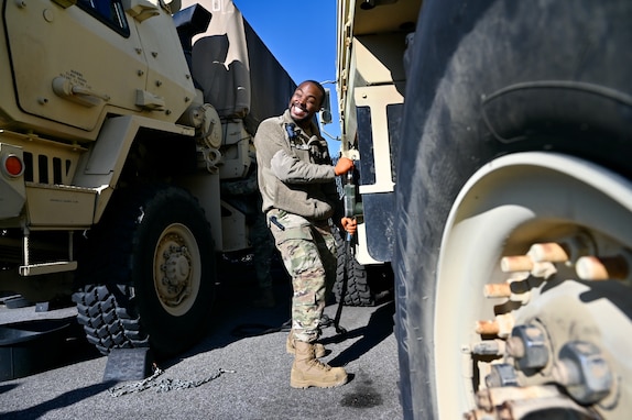 Dozens of wheeled vehicle mechanics (91B) keep tactical vehicles operational at the District of Columbia National Guard’s Combined Support Maintenance Shop at Joint Base Anacostia-Bolling (JBAB), Oct. 21, 2023. Four maintenance shops ensure mechanics are technically sound in maintenance and recovery to fulfill mission requirements. Vehicles include Medium Tactical Vehicles (MTV), Light Medium Tactical Vehicles (LMTV), High Mobility Multipurpose Wheeled Vehicles (HMMWV), and Mine Resistant Ambush Protected All-Terrain Vehicles (M-ATV). (U.S. Air National Guard photo by Master Sgt. Arthur Wright)