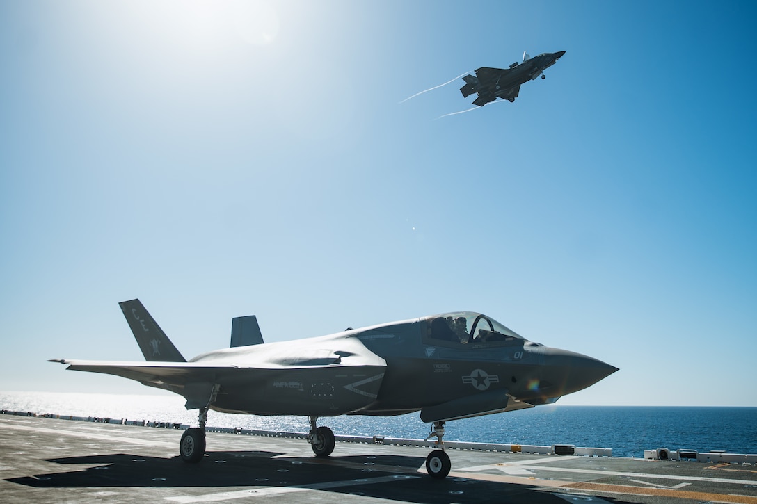 U.S. Marine Corps F-35B Lightning II aircraft attached to Marine Fighter Attack Squadron 225, 15th Marine Expeditionary Unit, conduct carrier qualifications aboard the amphibious assault ship USS Boxer in the Pacific Ocean, Nov. 11, 2023. The 15th MEU is currently embarked aboard the Boxer Amphibious Ready Group conducting integrated training and routine operations in U.S. 3rd Fleet.
