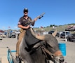Man in Army Polo holding a gun while sitting on a live bull.