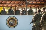 Brazilian Army soldiers stand in front of distinguished visitors during the closing ceremony for Exercise Southern Vanguard 24.