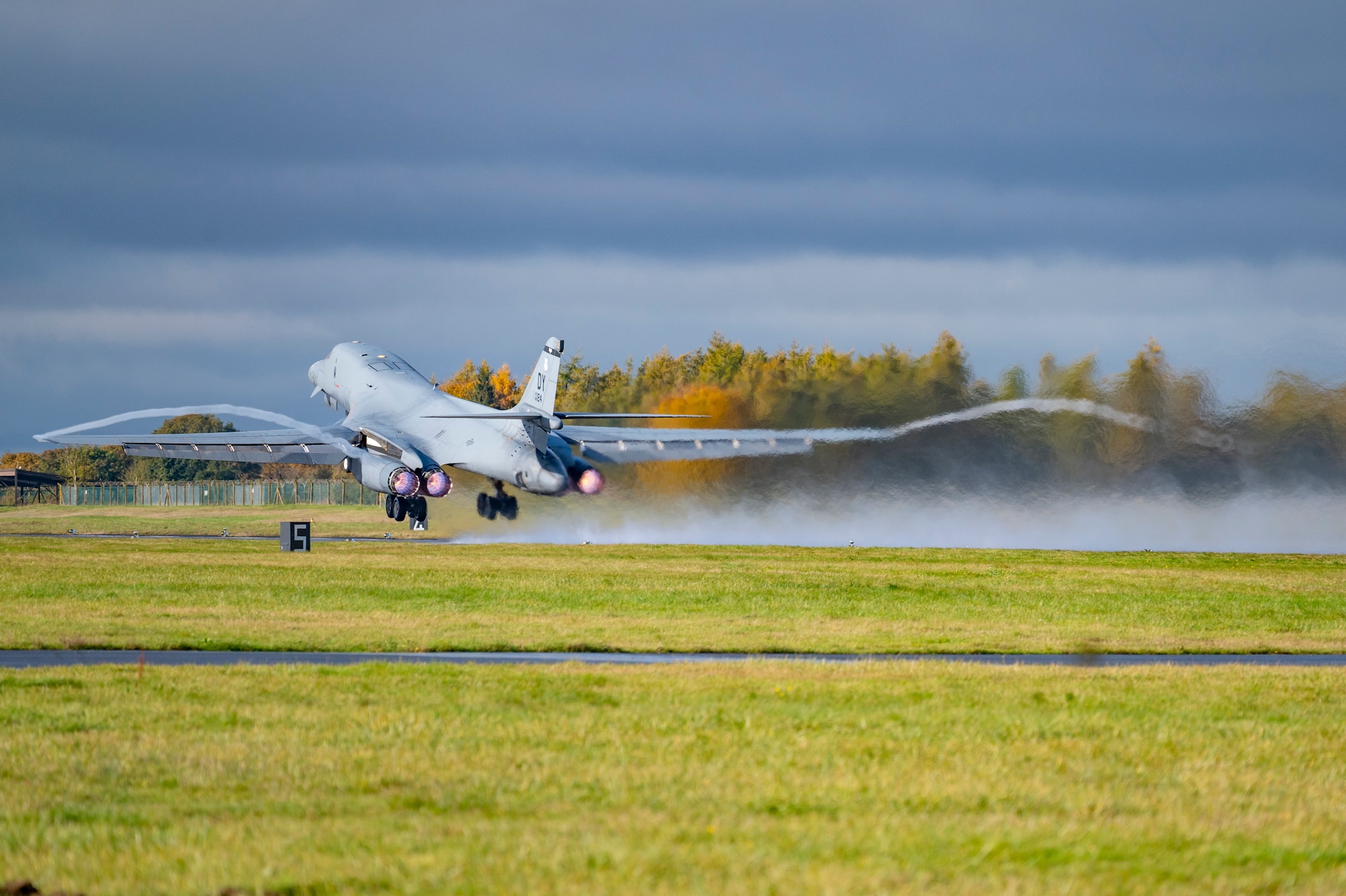 A B-1B Lancer assigned to the 9th Expeditionary Bomb Squadron takes off at RAF Fairford after completing Bomber Task Force mission 24-1 from RAF Fairford, United Kingdom, Nov. 10, 2023. BTF missions provide opportunities to train and work with our allies and partners in joint and combined operations and exercises. (U.S. Air Force photo by Airman 1st Class Emma Anderson)