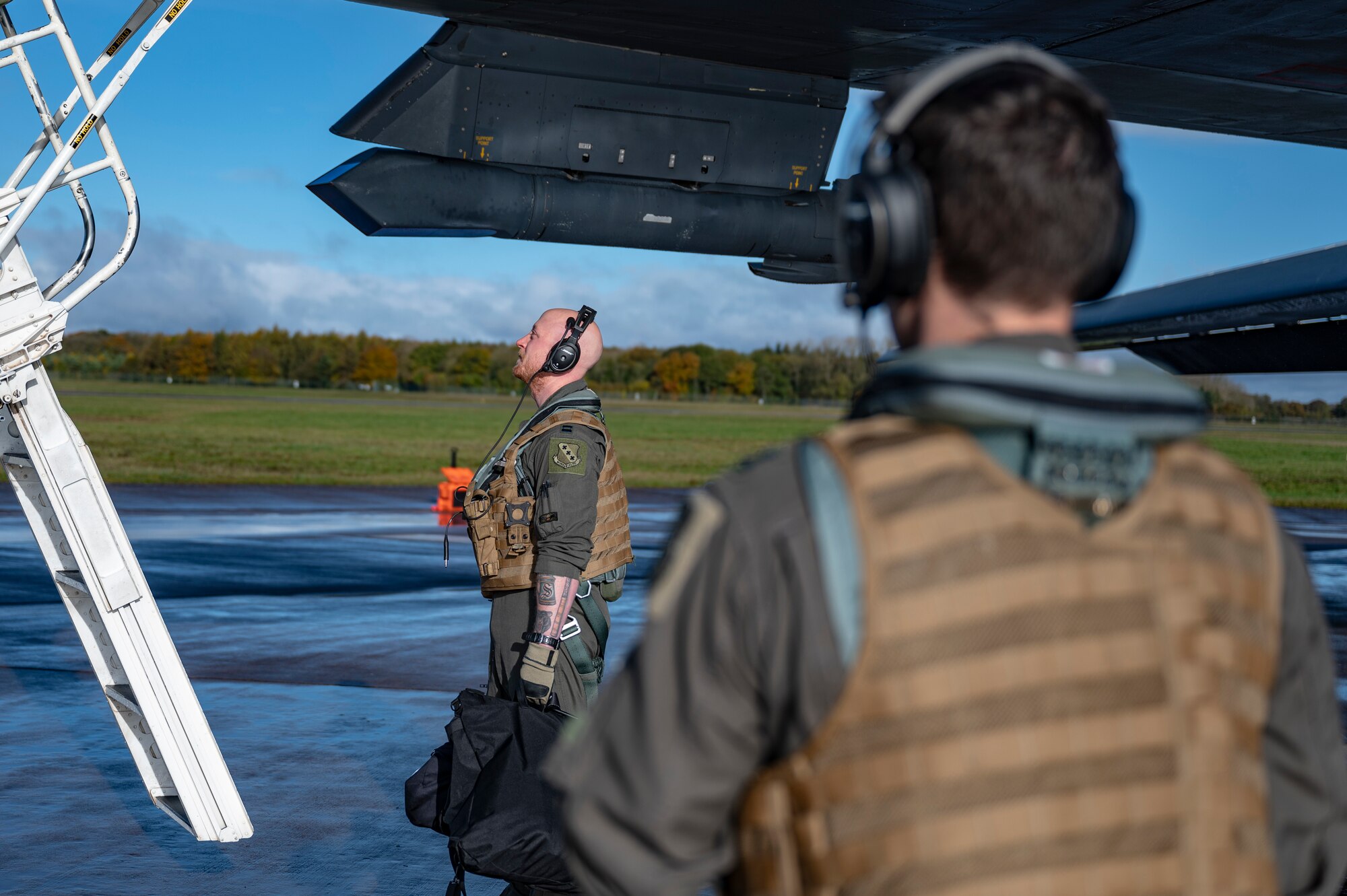 Capt. Zack Schultz, 9th Expeditionary Bomb Squadron weapons system officer, waits to take off at RAF Fairford after completing Bomber Task Force mission 24-1 from RAF Fairford, United Kingdom, Nov. 10, 2023. BTF missions provide opportunities to train and work with our allies and partners in joint and combined operations and exercises. (U.S. Air Force photo by Airman 1st Class Emma Anderson)