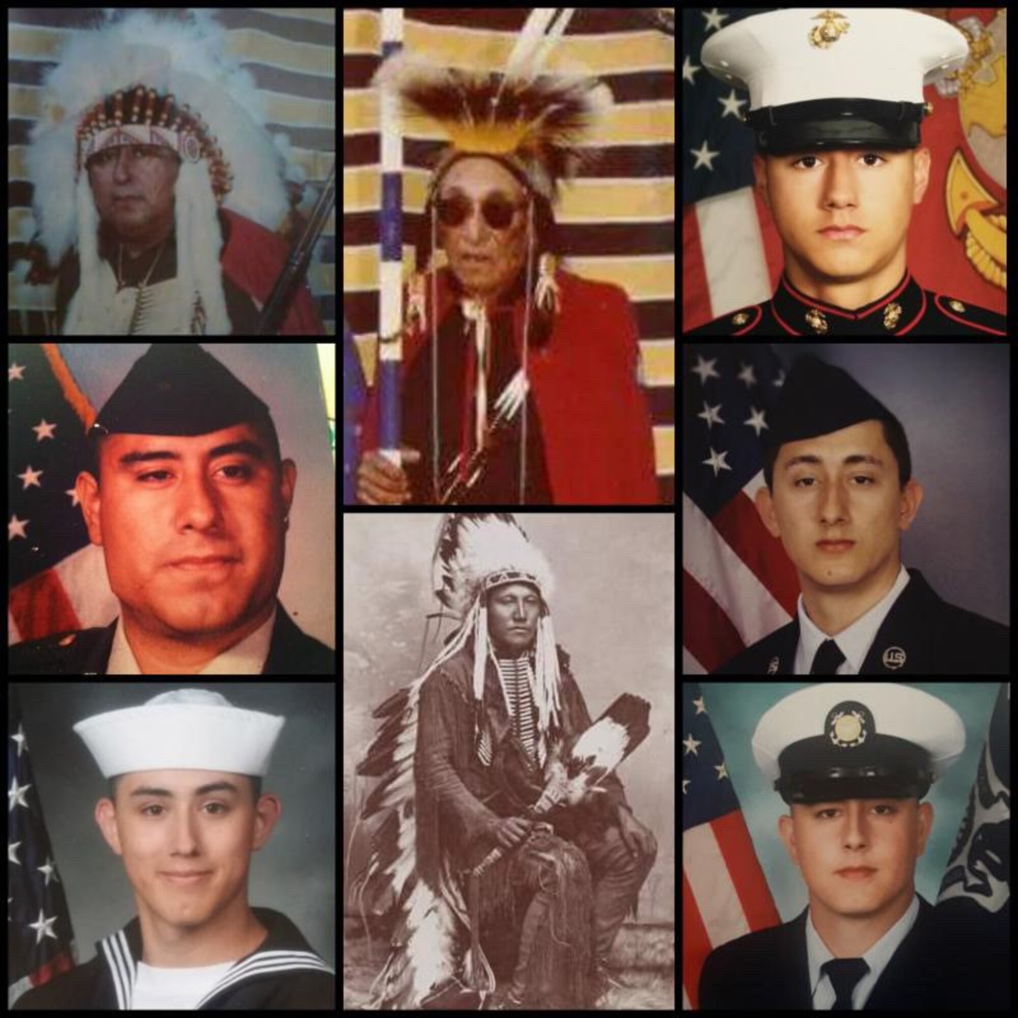 A collage of six people in military uniform and two Indian chiefs.