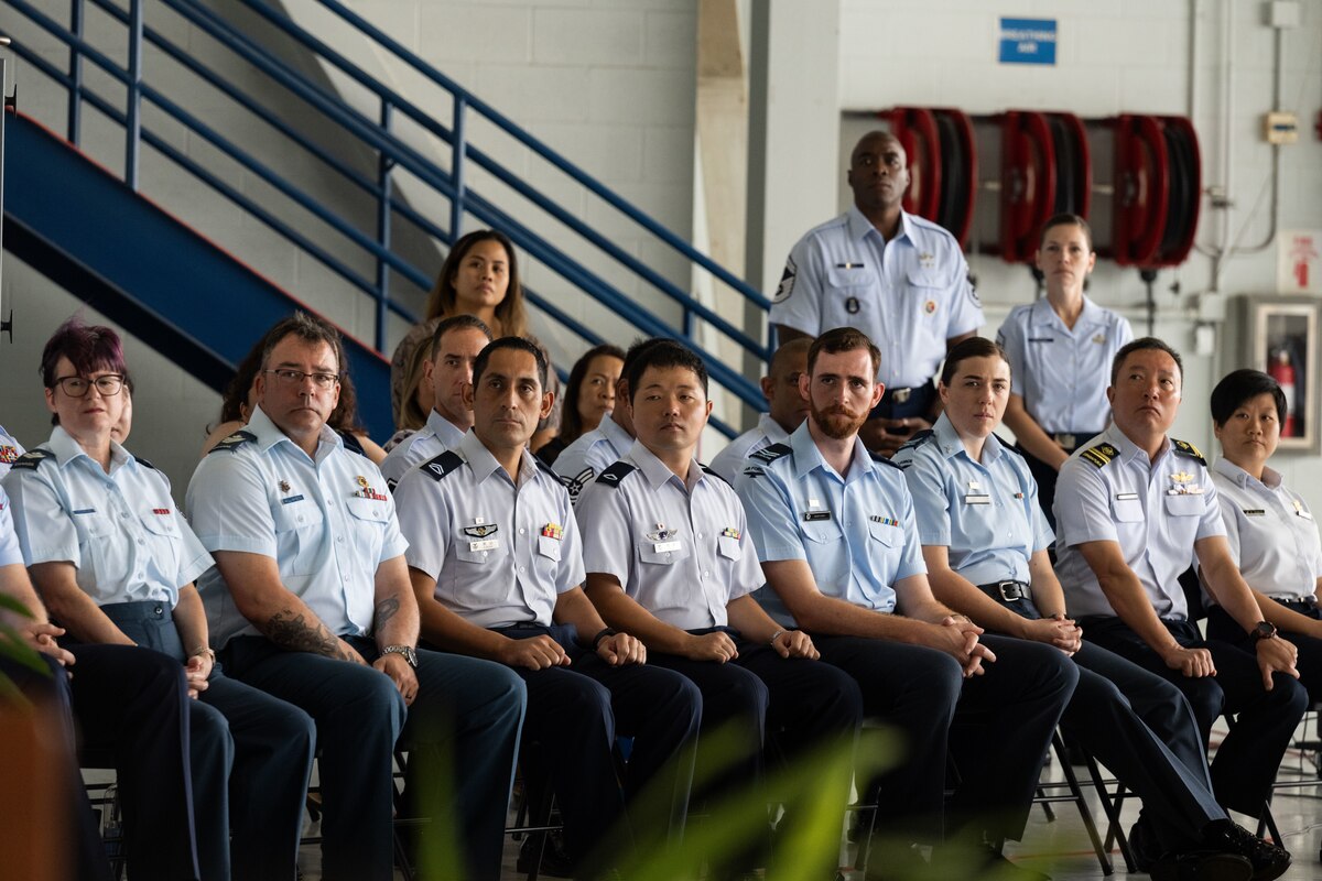 Students of the inaugural Inter-Pacific Air Forces Academy class listen to the keynote speech during their graduation ceremony, Joint Base Pearl Harbor-Hickam, Hawaii, November 16, 2023. IPAFA is a leadership course that includes all Allies and partners throughout the Indo-Pacific. The idea for IPAFA came out of the Pacific Air Chiefs Symposium 2021, and existing courses such as Airman Leadership School and Senior Non-commissioned Officer Academy that have international student enrollment on a space-available basis. (U.S. Air Force photo by Tech. Sgt. Hailey Haux)