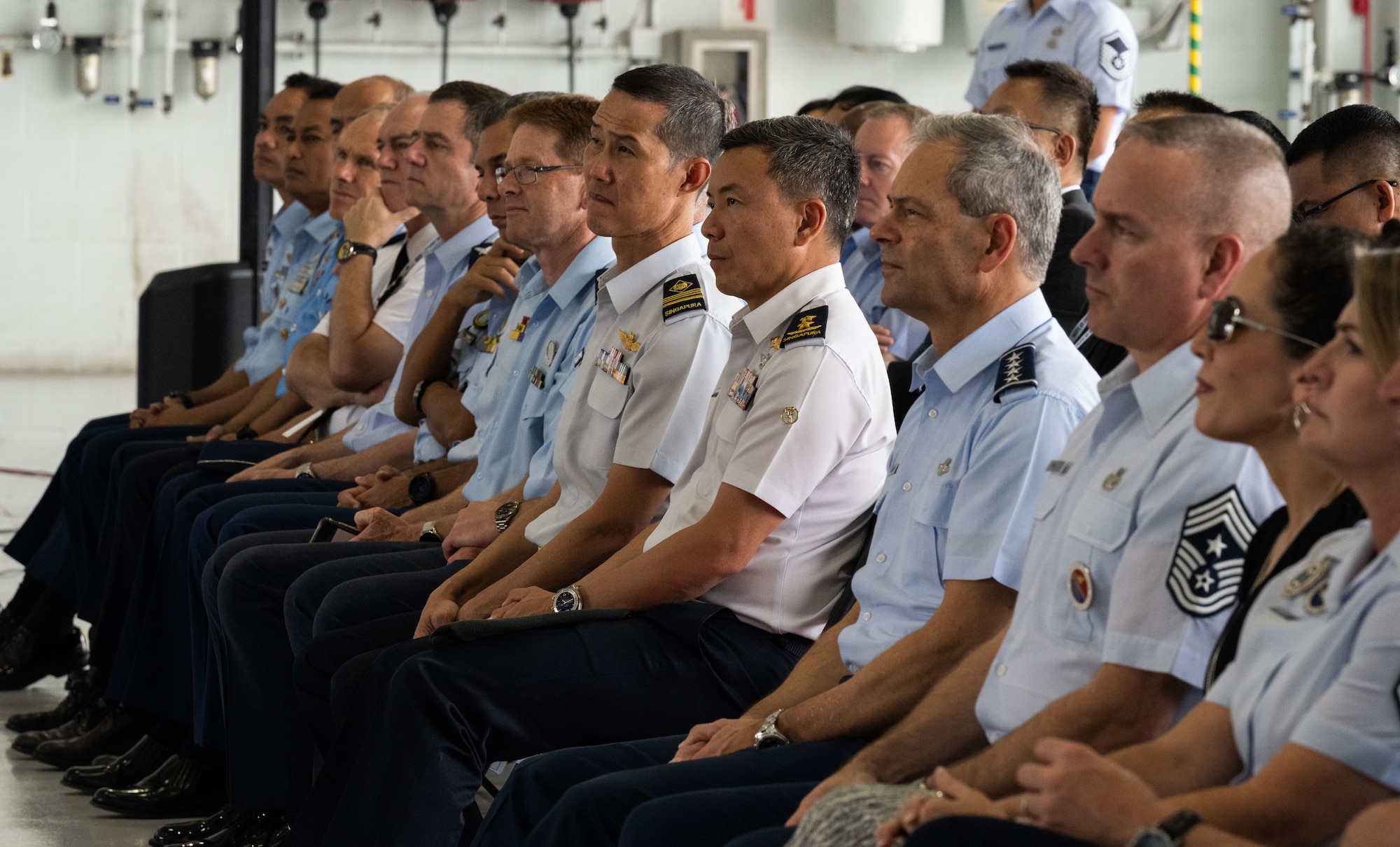 Air chiefs and senior enlisted leaders from nations around the world participate in the graduation ceremony of the inaugural Inter-Pacific Air Forces Academy class, Joint Base Pearl Harbor-Hickam, Hawaii, November 16, 2023. Air forces around the Indo-Pacific currently have varying responsibilities for their nations’ enlisted personnel. IPAFA serves as a comprehensive way to standardize the role of non-commissioned officers and senior enlisted in the region, supporting integrated deterrence and a free and open Indo-Pacific. (U.S. Air Force photo by Tech. Sgt. Hailey Haux)