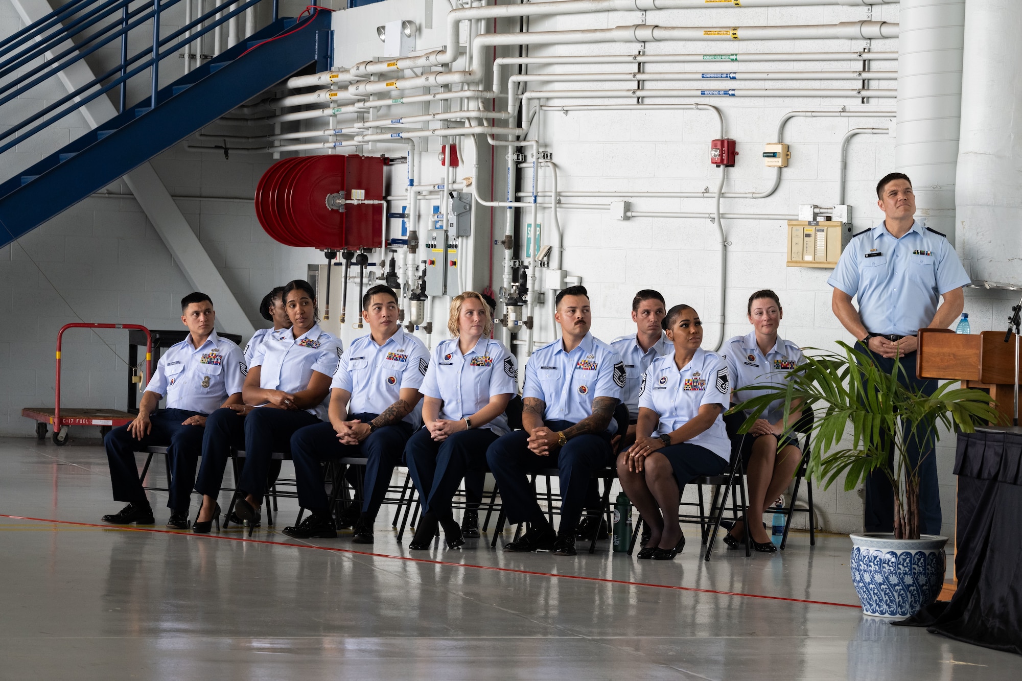 Binnicker Professional Military Education Center instructors attend the graduation ceremony of the inaugural Inter-Pacific Air Forces Academy class, Joint Base Pearl Harbor-Hickam, Hawaii, November 16, 2023. IPAFA is a leadership course that includes all Allies and partners throughout the Indo-Pacific. Air forces around the Indo-Pacific currently have varying responsibilities for their nations’ enlisted personnel. IPAFA serves as a comprehensive way to standardize the role of non-commissioned officers and senior enlisted in the region, supporting integrated deterrence and a free and open Indo-Pacific. (U.S. Air Force photo by Tech. Sgt. Hailey Haux)