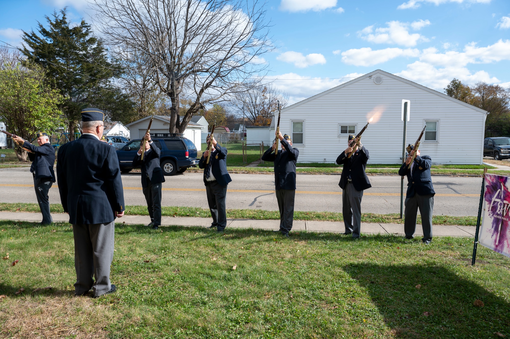 Members of the American Legion Post 526 perform a 21-gun salute during a Veterans Day ceremony at the United Methodist Church in Fairborn, Ohio, Nov. 11, 2023. The custom stems from naval tradition, when a warship would signify its lack of hostile intent by firing its cannons out to sea until all ammunition was spent. (U.S. Air Force photo by Staff Sgt. Mikaley Kline)
