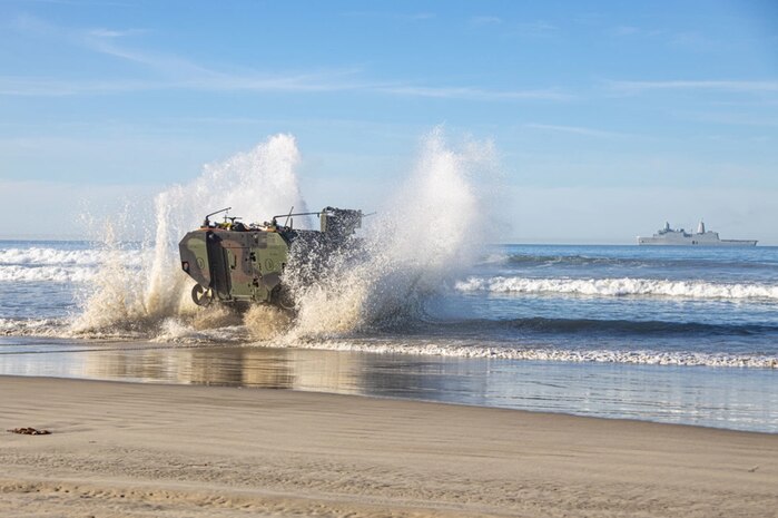 U.S. Marines assigned to the 3d Assault Amphibian Battalion, 1st Marine Division, conduct waterborne training with an Amphibious Combat Vehicle (ACV) traveling from shore to amphibious transport dock ship USS Anchorage (LPD 23) at Marine Corps Base Camp Pendleton, California.  (U.S. Marine Corps photo by Lance Cpl. Willow Marshall)