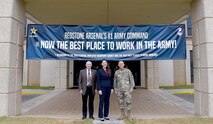 Lt. Gen. Daniel L. Karbler, commanding general of U.S. Army Space and Missile Defense Command, and Richard P. De Fatta, deputy to the commanding general of USASMDC, welcome Kristen McBride, civilian aide to the secretary of the Army for North Alabama, to the SMDC headquarters Oct. 17 for her first tour of the command. (U.S. Army photo by Ayumi Davis)