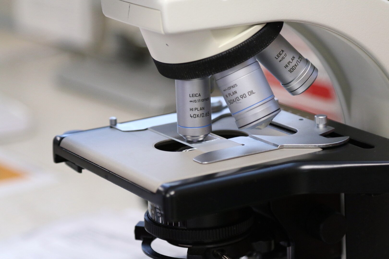 Closeup image of laboratory microscope.