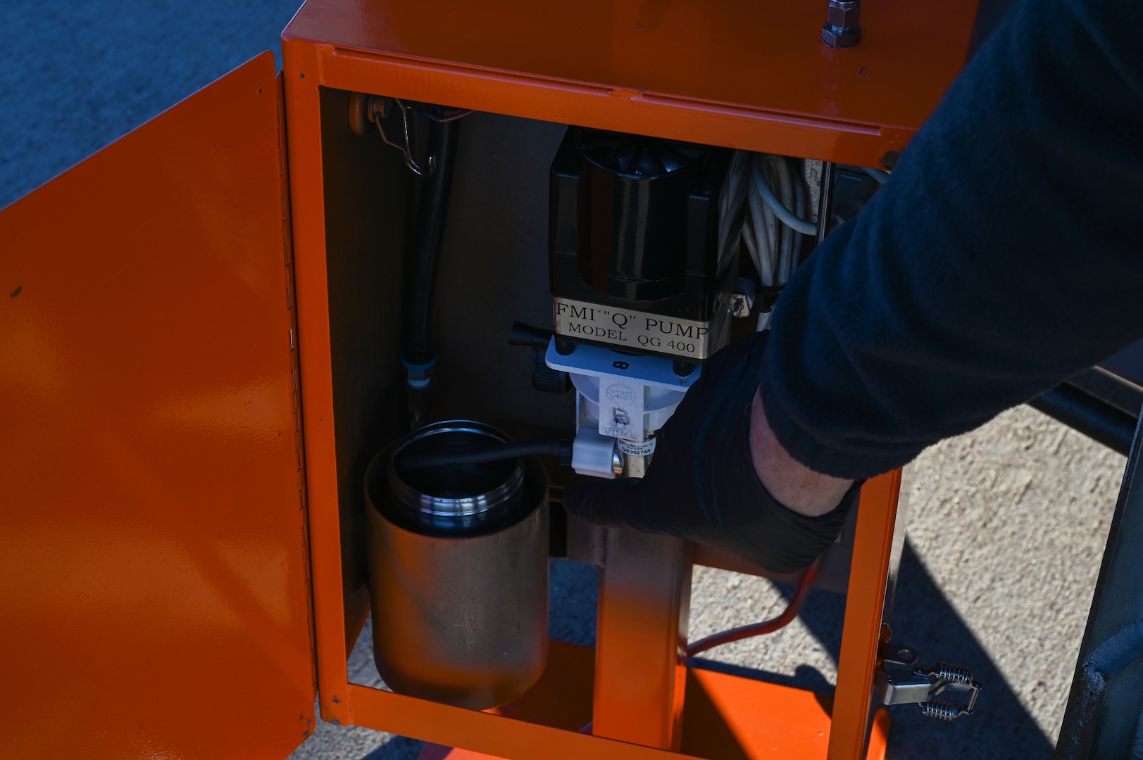 Mark Docter, METSS Corporation researcher and Next Generation Aircrew Protection team member, prepares the vapor purge testing nebulizer before testing on Dyess Air Force Base, Texas, Nov. 7, 2023. The test analyzed the vapor concentration in the B-1B Lancer over the course of flight to find the safest concentration level for aircrew to operate without protective gear. (U.S. Air Force photo by Senior Airman Sophia Robello)