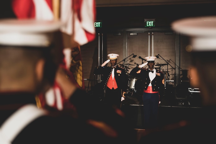 U.S. Marine Corps Brig. Gen. James Ryans, commanding general, and Sgt. Maj. Oranjel Leavy, sergeant major,of Marine Corps Recruit Depot San Diego and Western Recruiting Region, salute the colors during a birthday ball ceremony in San Diego, Nov. 10, 2023. A celebration of the 248th Marine Corps birthday was held to reflect on the traditions, history and legacy of the Marine Corps.(U.S. Marine Corps photo by Sgt. Yvonna Guyette)