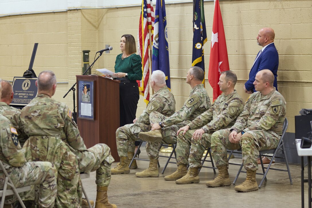 Christi Cole Pope speaks to attendees at an armory naming ceremony in Middlesboro, Kentucky, on Nov. 17, 2023.