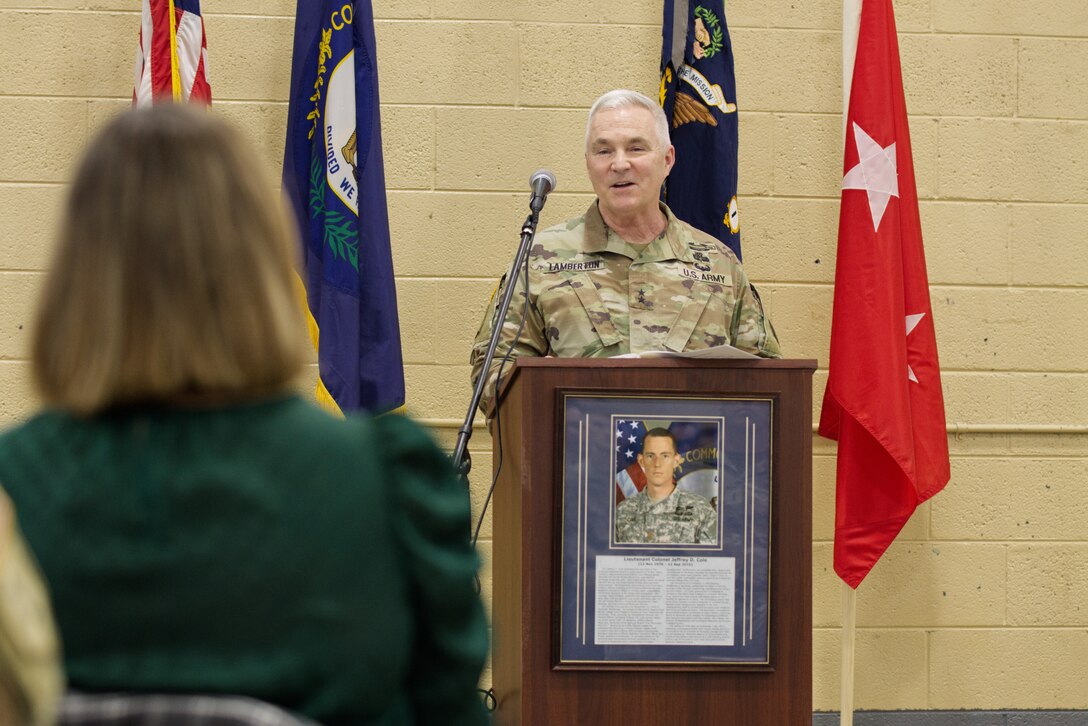 Maj. Gen. Hal Lamberton, addresses the family, friends and colleagues of the late Lt. Col. Jeffrey D. Cole during an armory naming event at Kentucky National Guard Armory in Middlesboro, Kentucky, Nov. 17, 2023.