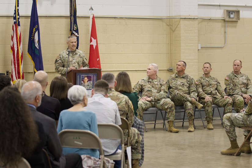 Col. Timothy Starke, addresses the family, friends and colleagues of the late Lt. Col. Jeffrey D. Cole during an armory naming event at Kentucky National Guard Armory in Middlesboro, Kentucky, Nov. 17, 2023.