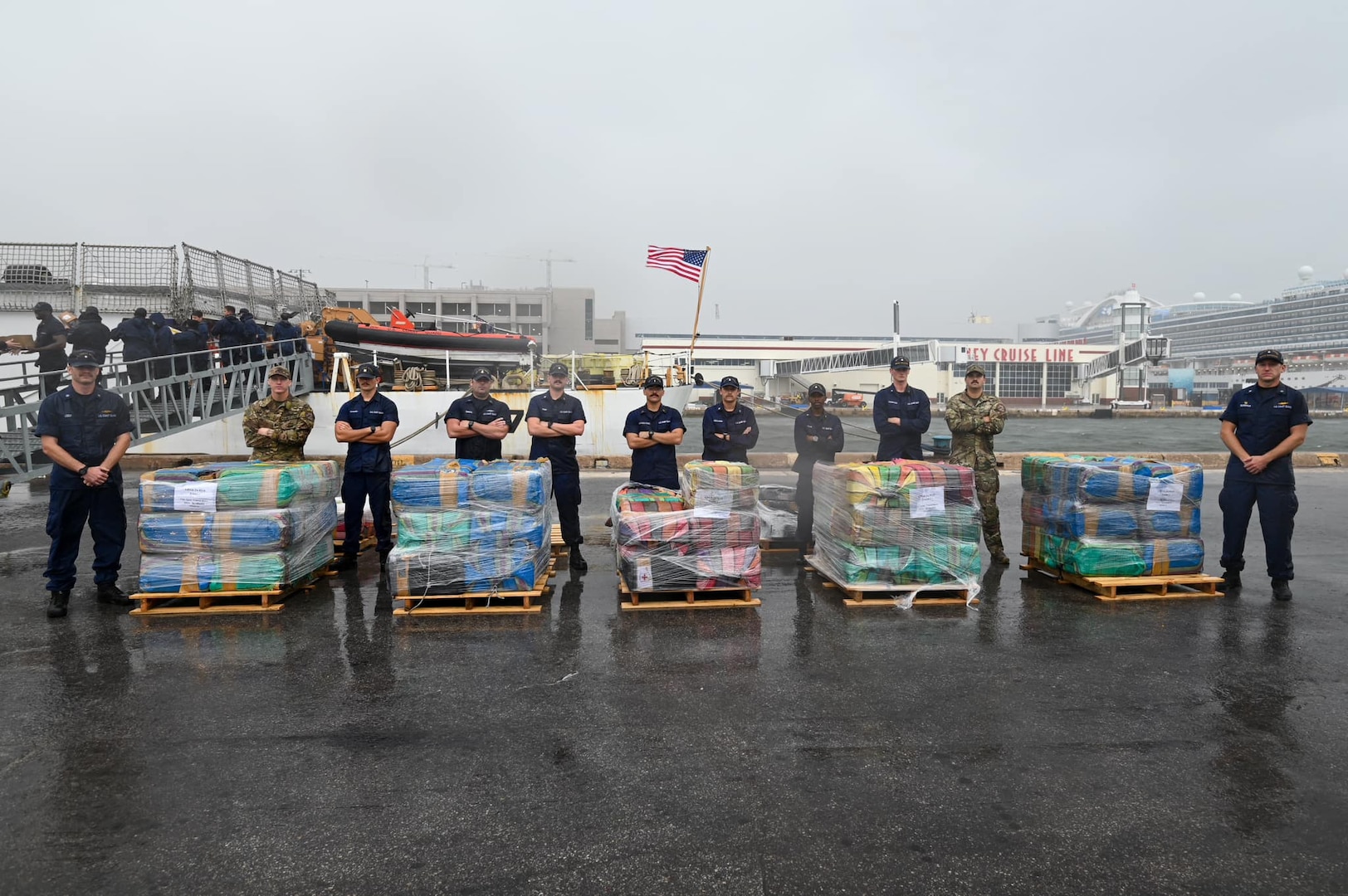 U.S. Coast Guard Cutter Escanaba’s crew offload more than 7,700 pounds of cocaine worth over $102 million at Port Everglades, Florida, Nov. 15, 2023. The offloaded drugs were interdicted during four separate cases in the international waters of the eastern Pacific Ocean by the crews of U.S. Coast Guard Cutter Waesche, Escanaba, a U.S. Coast Guard Helicopter Interdiction Tactical Squadron aircrew, a Coast Guard Tactical Law Enforcement Team, and federal and international partners.