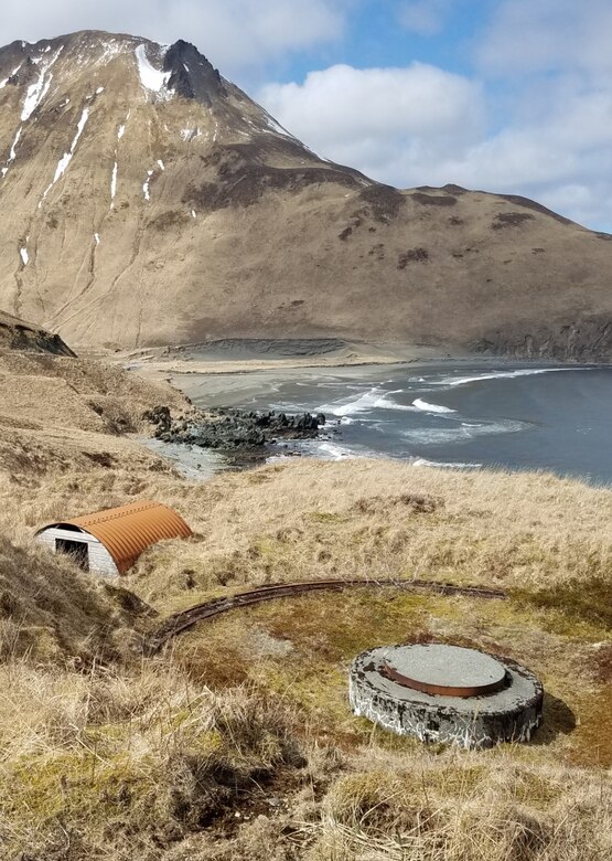 and Amaknak Island. Historical photo analysis is critical in locating formerly used defense sites, such as this gun emplacement and magazine in Summer Bay.