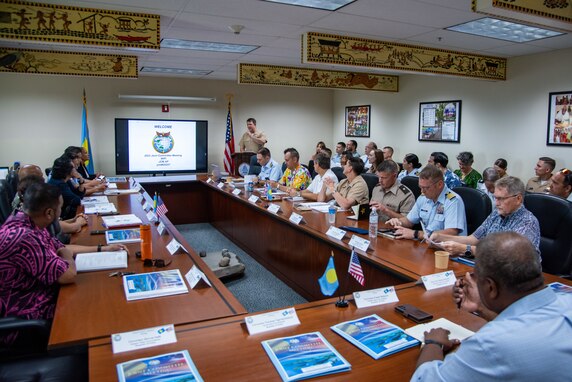 KOROR, Palau (Nov. 16, 2023) - Rear Adm. Gregory Huffman, the U.S. Indo-Pacific Command (INDOPACOM) Senior Military Official for the Republic of Palau, along with Palau President Surangel Whipps, Jr., and senior leaders from INDOPACOM and Palau held the bilateral Joint Committee Meeting (JCM) Nov. 16-17. 



The JCM is in accordance with the Compact of Free Association (COFA) Title III: Security and Defense Relations, and enables ongoing dialogue between nations, which prove to enhance security and defense responsibilities in the region. 



(U.S. Navy photo by Lt. Cmdr. Katie Koenig)