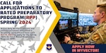 Graphic illustrating announcement for Active duty Air Force officers and enlisted Airmen who are interested in becoming rated officers can apply for the Spring 2024 Air Force Rated Preparatory Program now through Dec. 9, 2023.