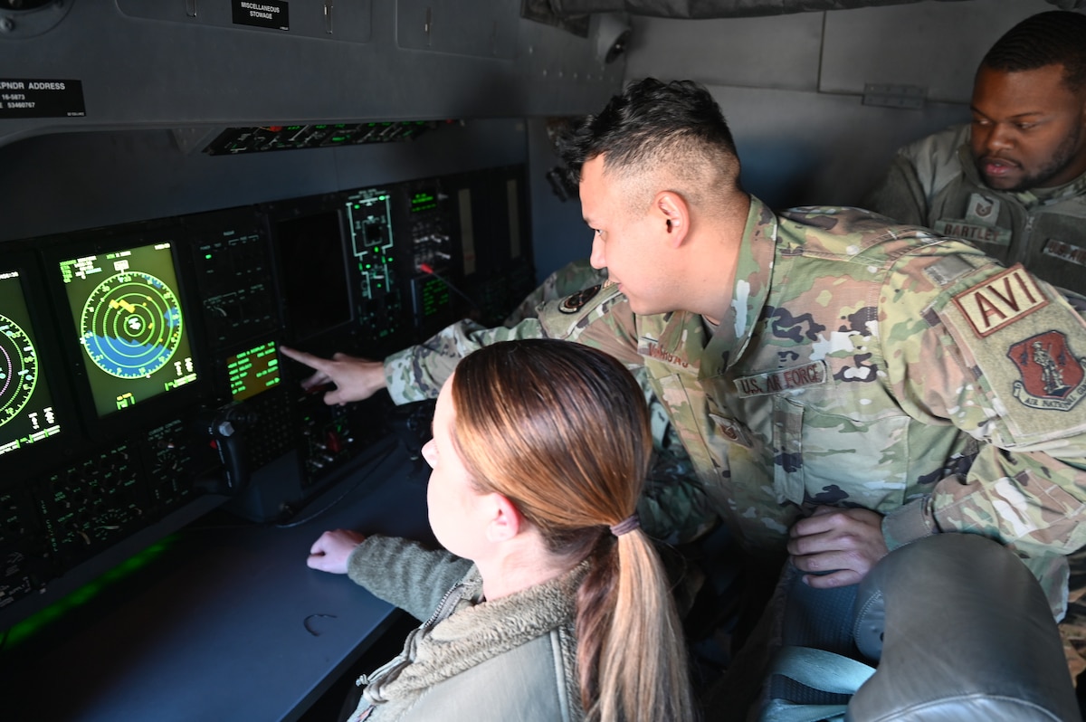 An Airman from the New York Air National Guard 106th Rescue Wing Maintenance Group trains members of the Georgia Air National Guard 165th Airlift Wing Maintenance Group on the HC-130J Combat King II search and rescue aircraft at F.S. Gabreski Air National Guard Base in Westhampton Beach, New York, Nov. 14, 2023. The 165th Airlift Wing is converting from the C-130H model.