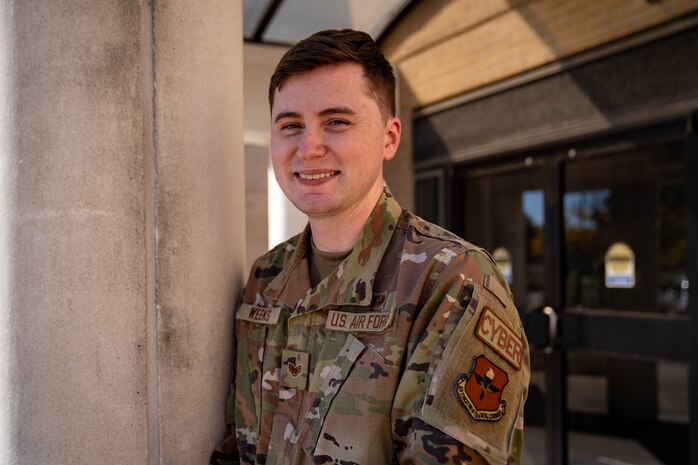 U.S. Air Force Staff Sgt. Darren Weeks, 81st Communications Squadron client systems supervisor, poses for photo at Keesler Air Force Base, Mississippi, Nov. 7, 2023.