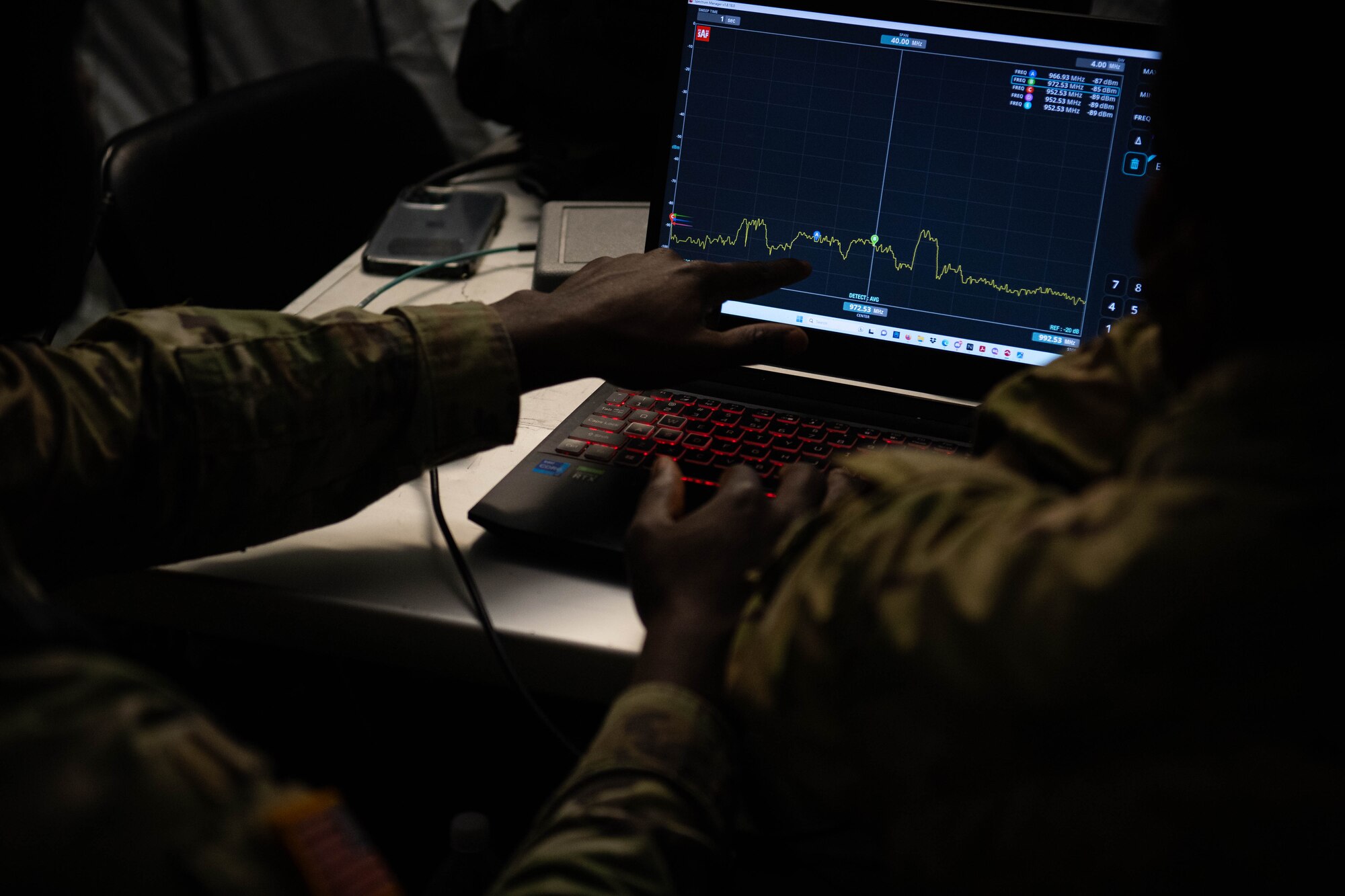 U.S. Army Sgt. William Ansong, 44th Expeditionary Signal Battalion-Enhanced signaler, explains the effects of a jammed signal during exercise HEAVY RAIN 23, at Grostenquin, France, Nov. 16, 2023. HEAVY RAIN is a U.S. Air Forces in Europe-led command and control exercise that integrates communicators, operators and aggressors from joint forces, NATO allies and partners, testing and evaluating their communication and data-sharing capabilities in a rapidly changing operating environment. (U.S. Air Force photo by Senior Airman Jared Lovett)