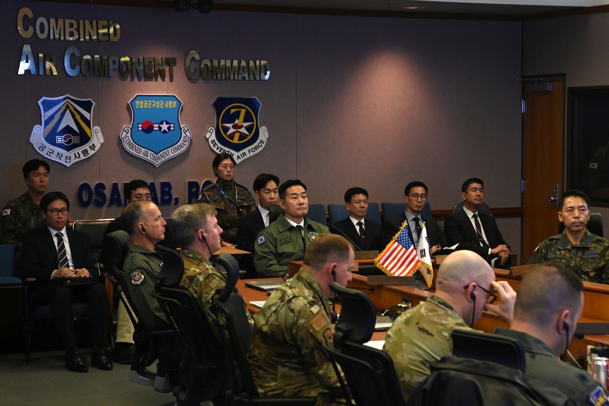 Republic of Korea Minister of National Defense Won-sik Shin listens to a briefing during a visit to the 607th Air Operations Center, Osan Air Base, ROK, Nov. 21, 2023.