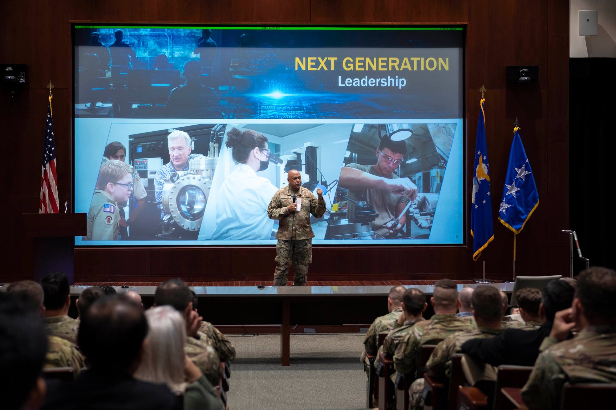 Gen. Anthony J. Cotton, commander of U.S. Strategic Command, briefs members of the Air Force Technical Applications Center during his visit to Florida’s Space Coast Nov. 16, 2023.  Cotton, accompanied by Command Senior Enlisted Leader Sgt. Maj. Howard Kreamer, came to the nuclear treaty monitoring center to get an update on emerging threats and nuclear deterrence operations.  (U.S. Air Force photo by Susan A. Romano)