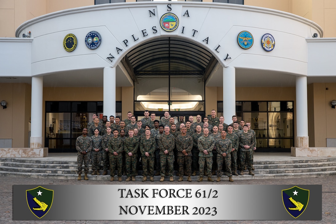 U.S. Marines with Task Force 61/2 pose for a group photo at Naval Support Activity Naples, Italy, Nov. 16, 2023. TF 61/2 is deployed in the U.S. Naval Forces Europe areas of operation, employed by U.S. Sixth Fleet to defend U.S., allied and partner interests. (U.S. Marine Corps photo by Lance Cpl. Jack Labrador)