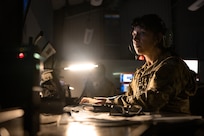 Connecticut Air National Guard Tech Sgt. Payton Kelley, a mission systems operator assigned to the 103d Air Control Squadron, monitors radar and electronic systems to assist pilots conducting defensive counter-air operations during a training exercise at Orange Air National Guard Station, Orange, Connecticut, Oct. 31, 2023. As a mission systems operator, Kelley detects, tracks, identifies, plots and disseminates information in the battle management area to assist friendly pilots and ground forces.