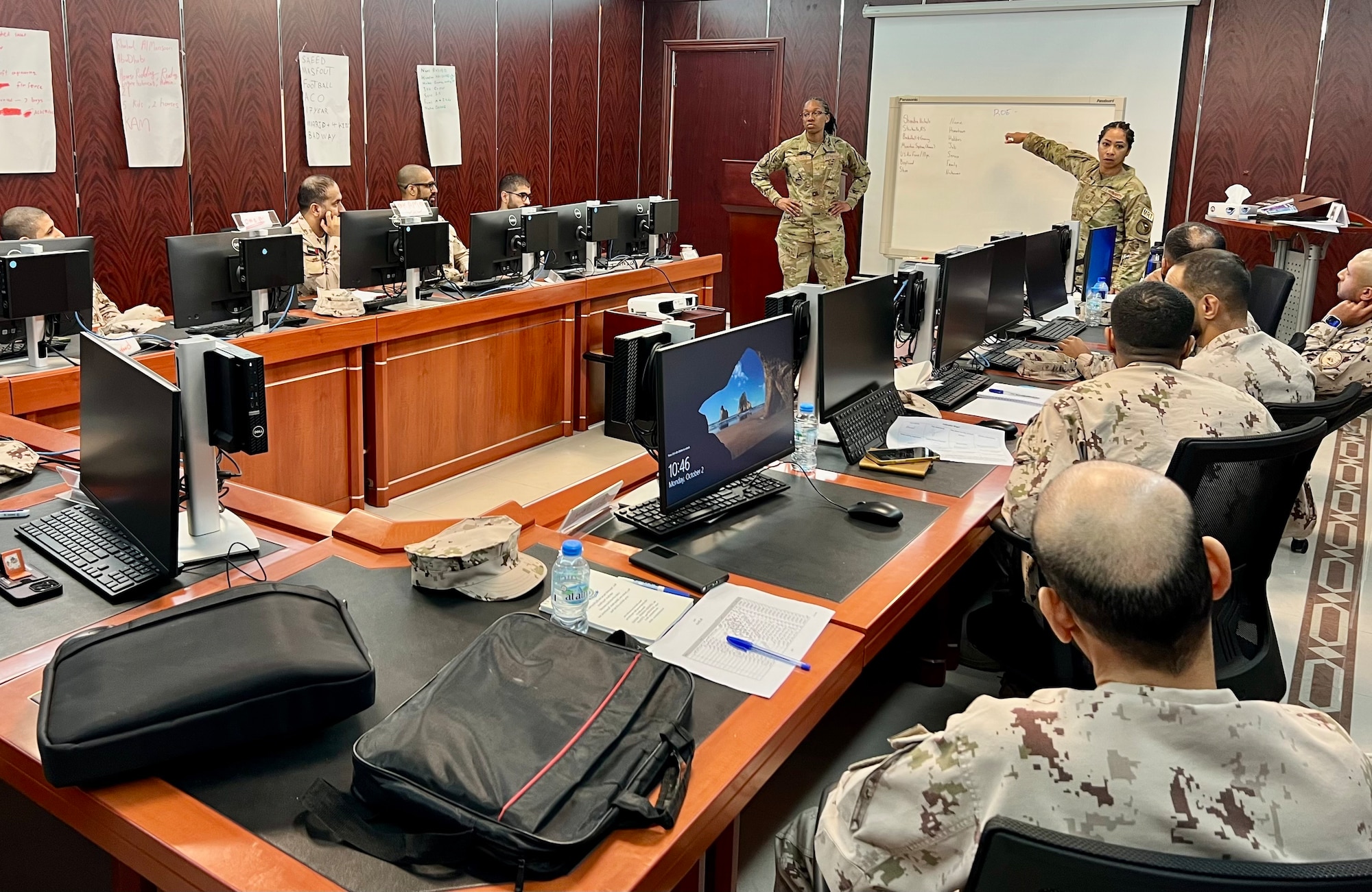 Barnes Center for Enlisted Education instructors teach a leadership fundamentals class to United Arab Emirates Air Force students in the UAE, Oct. 2, 2023. Five BCEE instructors traveled to the UAE to deliver noncommissioned officer leadership PME, Oct. 2 to Oct. 28, 2023. (Courtesy photo)