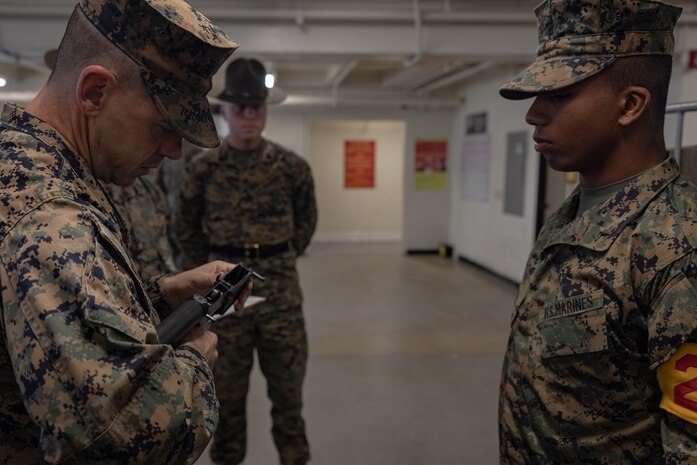 U.S. Marine Corps Lt. Col. James Smith, commanding officer, 2nd Recruit Training Battalion, conducts the battalion commander’s inspection for Golf Company, 2nd Recruit Training Battalion, at Marine Corps Recruit Depot, San Diego, Nov. 15, 2023. The battalion commander’s inspection surveys new Marines knowledge, bearing, and attention to detail as one of their last tests before graduating. (U.S. Marine Corps photo by Lance Cpl. Jacob B. Hutchinson)
