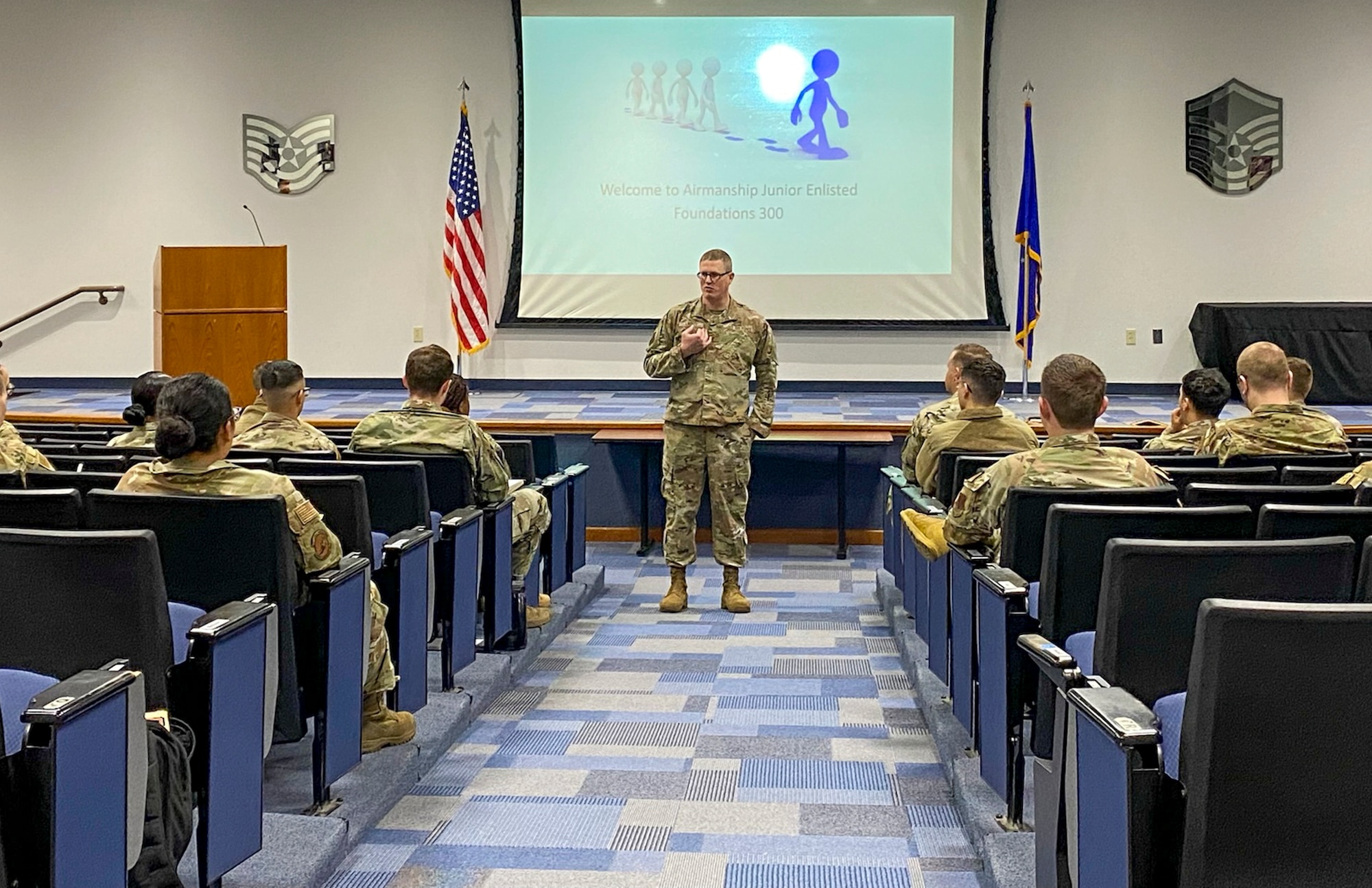 Chief Master Sgt. Joshua Lackey, Barnes Center for Enlisted Education command chief, talks with the students of the inaugural initial operational capability of the Junior Enlisted Foundations 300 course at the Robert D. Gaylor Noncommissioned Officer Academy on Joint Base San Antonio-Lackland, Nov. 13, 2023. (Courtesy photo)