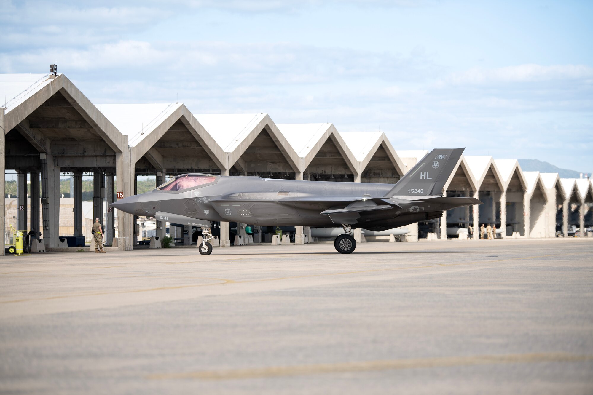 An F-35A Lightning II assigned to the 4th Fighter Squadron, Hill Air Force Base, Utah, taxis on the flightline at Kadena Air Base, Japan, Nov. 20, 2023. During their deployment to Kadena, the 4th FS will have the opportunity to exchange tactics, techniques and procedures with a variety of flying units and support deterrence measures throughout  the Indo-Pacific theater. (U.S. Air Force photo by Staff Sgt. Jessi Roth)