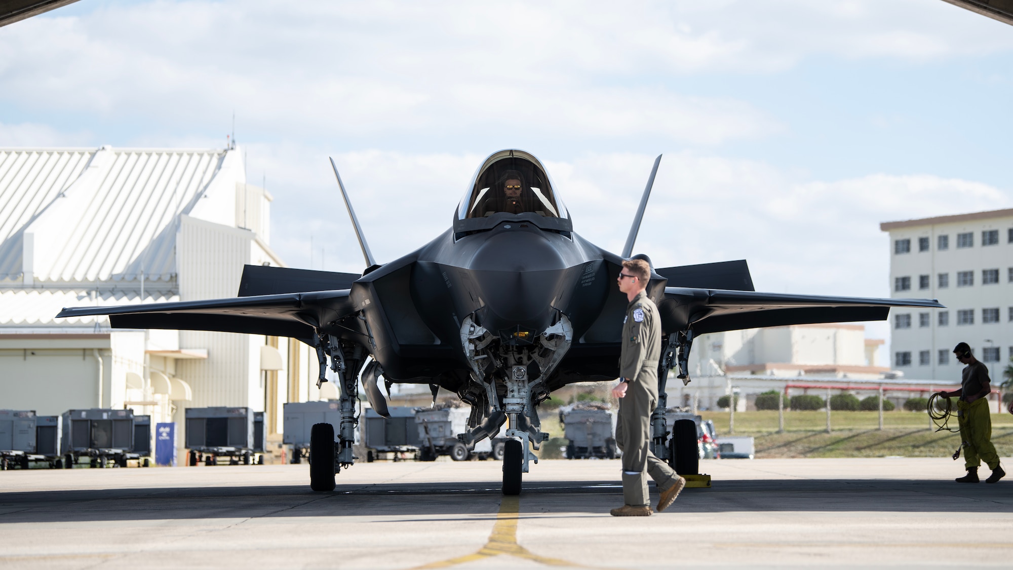 An F-35A Lightning II assigned to the 4th Fighter Squadron, Hill Air Force Base, Utah, parks on the flightline at Kadena Air Base, Japan, Nov. 20, 2023. The 4th FS will be joining the 356th Fighter Squadron from Eielson AFB, Alaska, in providing forward-deployed, fifth-generation fighter capabilities to assure allies and deter threats in the Indo-Pacific region. (U.S. Air Force photo by Staff Sgt. Jessi Roth)
