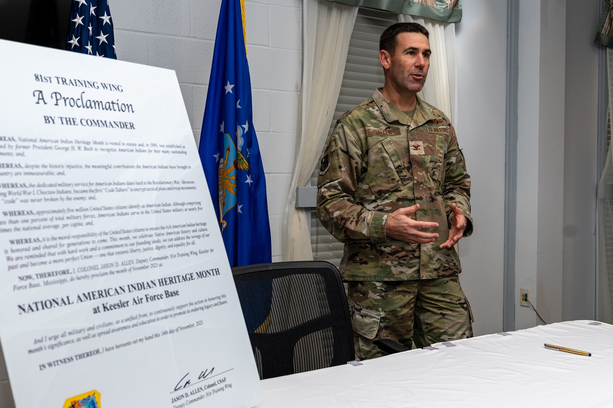 U.S. Air Force Col. Jason Allen, 81st Training Wing deputy commander, gives his opening remarks during the National Native American Heritage Month proclamation signing at Keesler Air Force Base, Mississippi, Nov. 14, 2023.