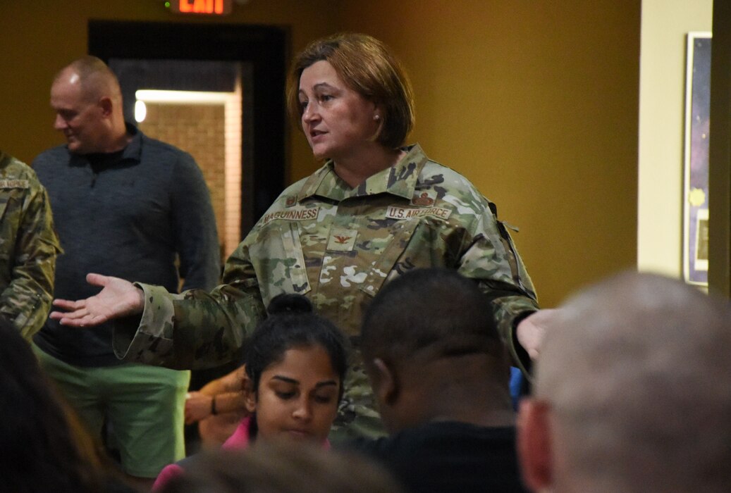 U.S. Air Force Col. Angelina Maguinness, 17th Training Wing commander, addresses the students attending the Crossroads Thanksgiving event, Goodfellow Air Force Base, Texas, Nov. 17, 2023. Maguinness took command of Goodfellow AFB in June of 2023. (U.S. Air Force Photo by Staff Sgt. Nathan Call)