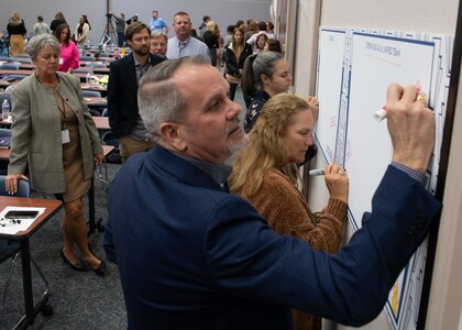 Kevin Oakes, Naval Surface Warfare Center Panam City Division Littoral and Mine Warfare Systems Department head, along with all attendees write their personal commitments on category boards during the INSPIRE 2.0 group breakout session, Nov. 14. These authors wrote down what they are challenging themselves to do in the posted eight categories, ranging from the Navy's core values to caring for our people to serving the nation, warfighter and the mission. (U.S. Navy photo by Eddie Green)