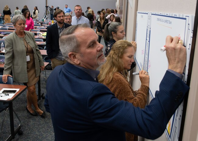 Kevin Oakes, Naval Surface Warfare Center Panam City Division Littoral and Mine Warfare Systems Department head, along with all attendees write their personal commitments on category boards during the INSPIRE 2.0 group breakout session, Nov. 14. These authors wrote down what they are challenging themselves to do in the posted eight categories, ranging from the Navy's core values to caring for our people to serving the nation, warfighter and the mission. (U.S. Navy photo by Eddie Green)